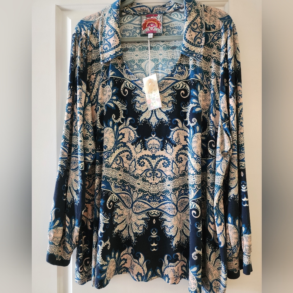 Johnny Was Janie Puff Sleeve Polo Roman Paisley Top 3x